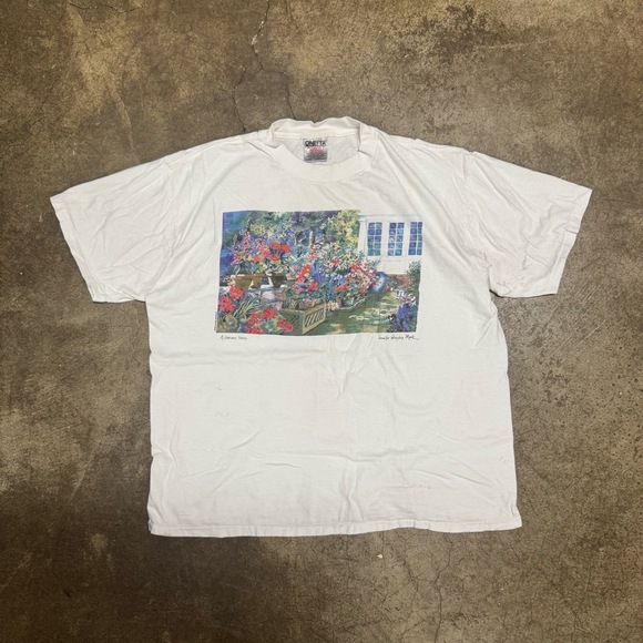 Other - ONEITA POWER-T Mens XL White Graphic T-Shirt Vintage A Garden Story Floral Art 9
